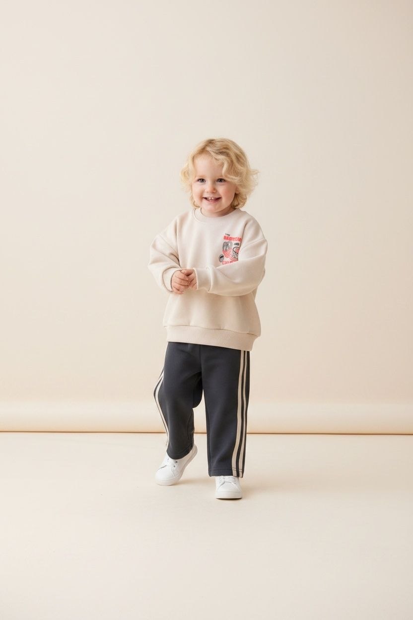 Beige sweater met graphic print & gestreepte joggingbroek