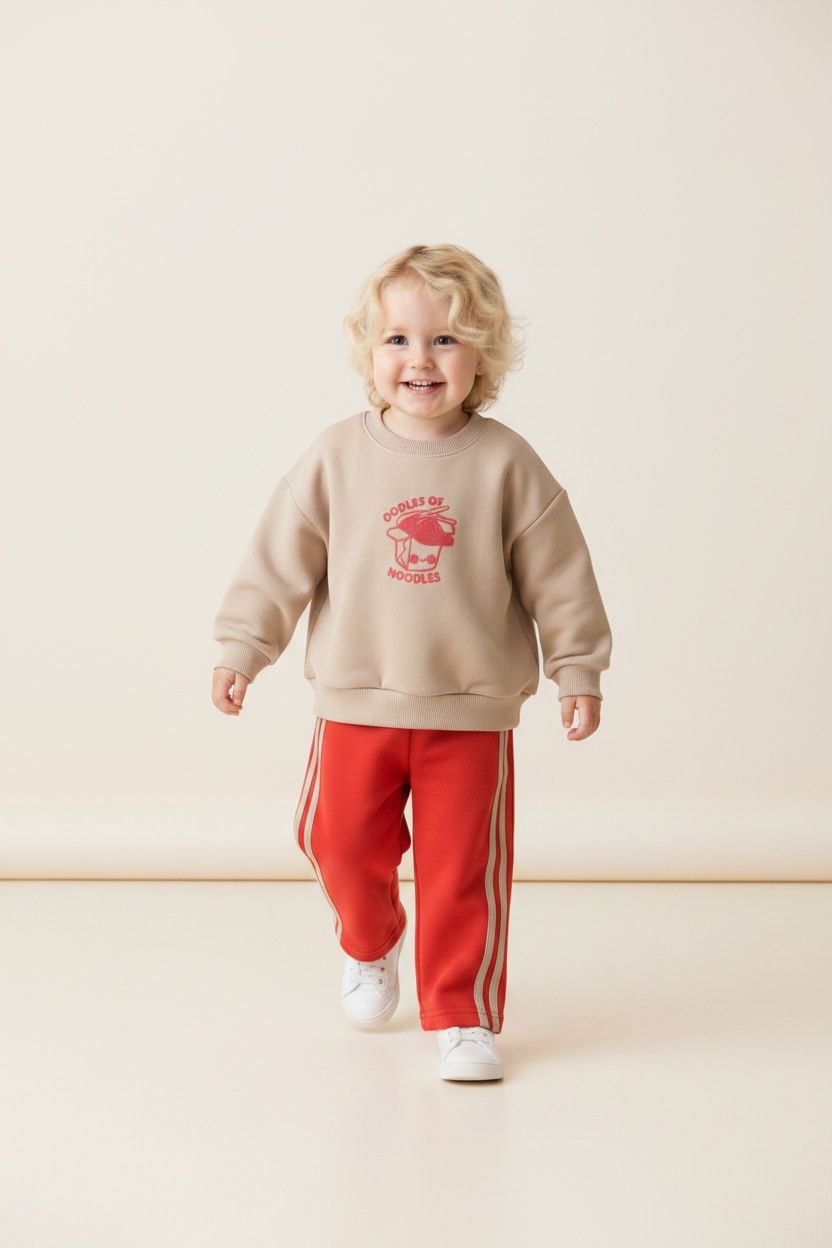 Beige sweater met print en rode streepbroek